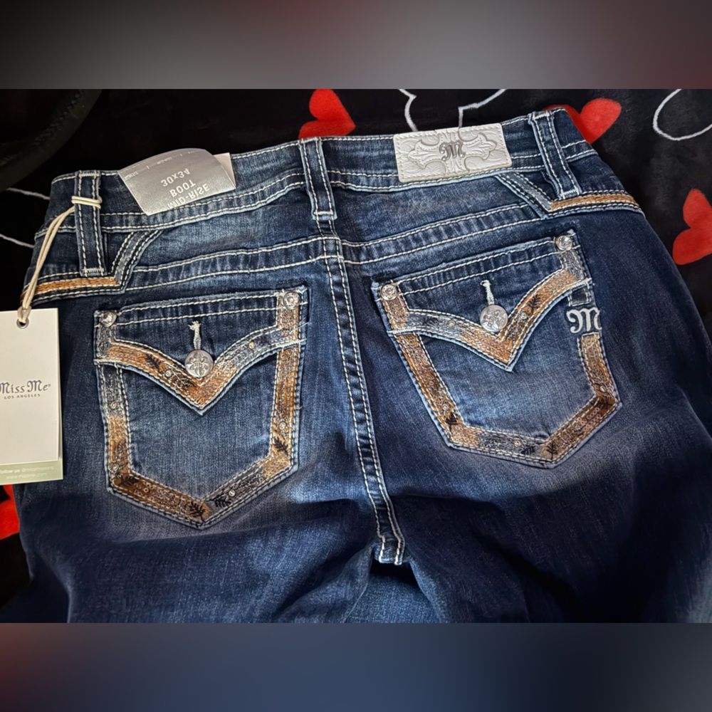 Miss Me Dark Blue Boot Cut Jeans with Embellished Bronze Accents